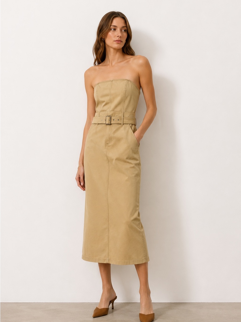 Zara Strapless Belted Midi Dress - Tan